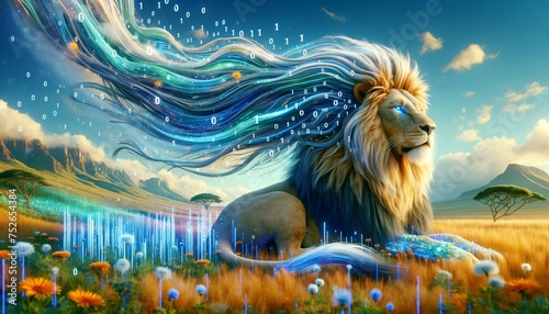 A detailed and high-quality whimsical animated art scene featuring a lion with a mane that flows into digital streams of code, specifically 0s. photo