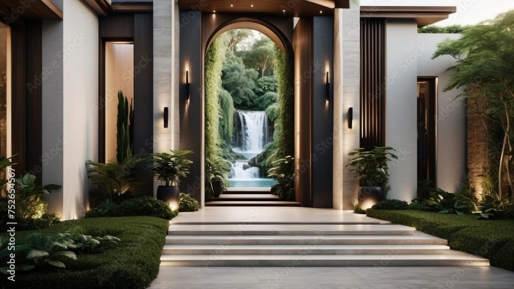 Stunning entrance of your modern villa, featuring sleek Italian architecture, a cascading waterfall, and lush greenery leading up to the front door