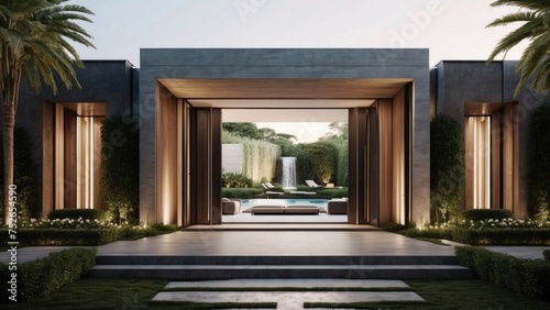 Stunning entrance of your modern villa  featuring sleek Italian architecture  a cascading waterfall  and lush greenery leading up to the front door
