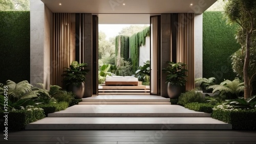 Stunning entrance of your modern villa, featuring sleek Italian architecture, a cascading waterfall, and lush greenery leading up to the front door