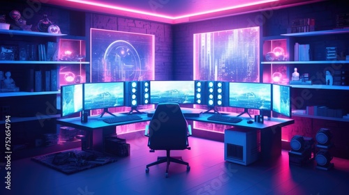 Computer room with neon lights.