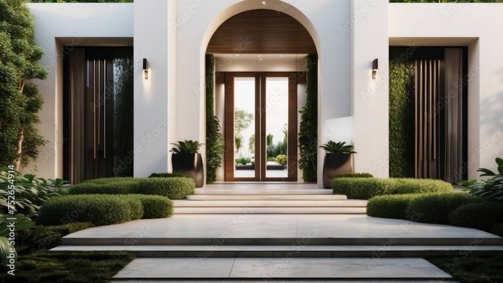 Stunning entrance of your modern villa, featuring sleek Italian architecture, a cascading waterfall, and lush greenery leading up to the front door Stunning entrance of your modern villa, featuring sleek Italian architecture, a cascading waterfall, and lush greenery leading up to the front door
