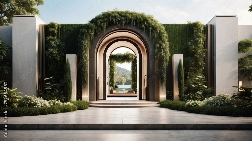 Stunning entrance of your modern villa, featuring sleek Italian architecture, a cascading waterfall, and lush greenery leading up to the front door