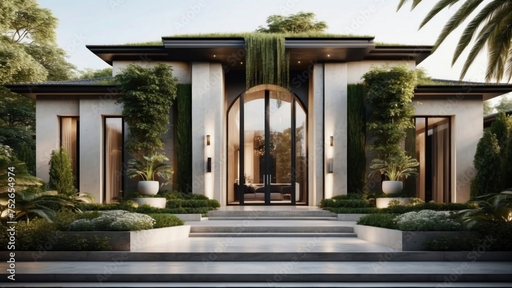 Stunning entrance of your modern villa, featuring sleek Italian architecture, a cascading waterfall, and lush greenery leading up to the front door Stunning entrance of your modern villa, featuring sleek Italian architecture, a cascading waterfall, and lush greenery leading up to the front door