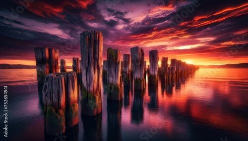 A row of weathered wooden dock pilings against a backdrop of a dramatic sunset. photo