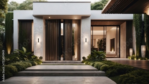 Stunning entrance of your modern villa, featuring sleek Italian architecture, a cascading waterfall, and lush greenery leading up to the front door © Damian Sobczyk