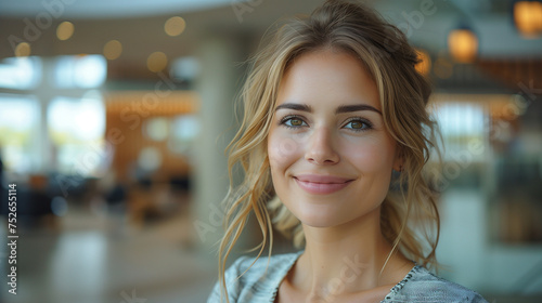 Free Download Smiling beautiful elegant businesswoman standing in a modern business office tower. bright white tone. bright white tone. - GFXLoad