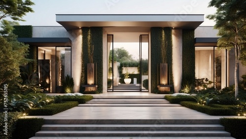 Stunning entrance of your modern villa, featuring sleek Italian architecture, a cascading waterfall, and lush greenery leading up to the front door