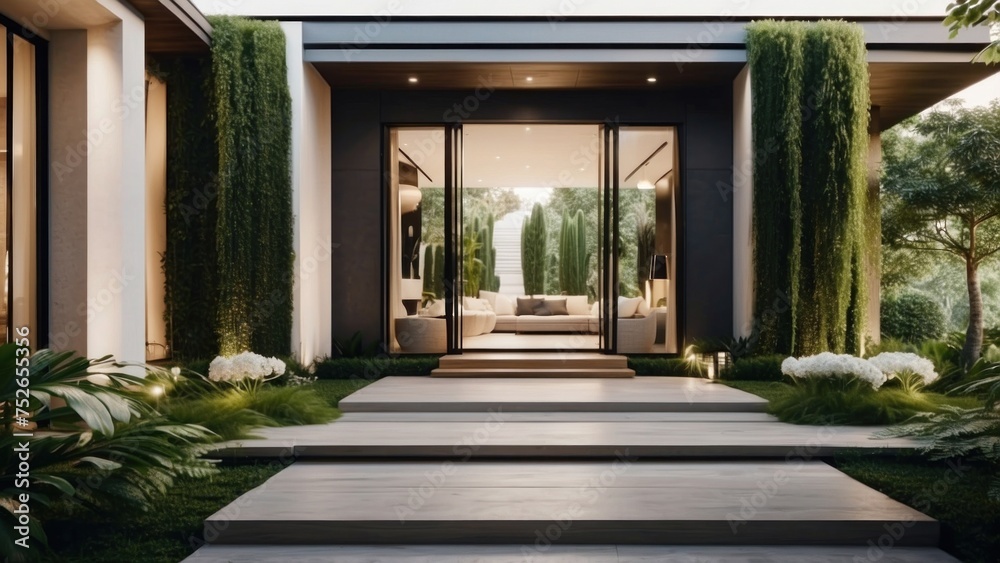 Stunning entrance of your modern villa, featuring sleek Italian architecture, a cascading waterfall, and lush greenery leading up to the front door