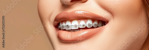 Teeth with braces  close up  suitable for dental treatment concept and orthodontic care advertising.