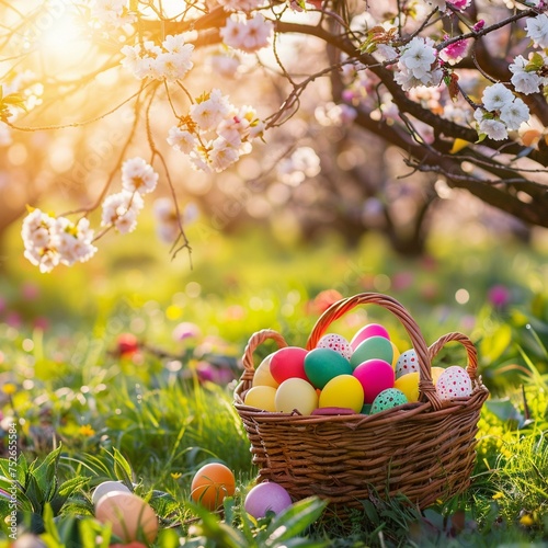 Colorful eggs in a basket in spring sunny blooming cherry orchard.