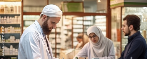 the convergence of medicine and compassionate care as a pharmacist extends a helping hand to a customer, providing him with essential medications and invaluable support. photo