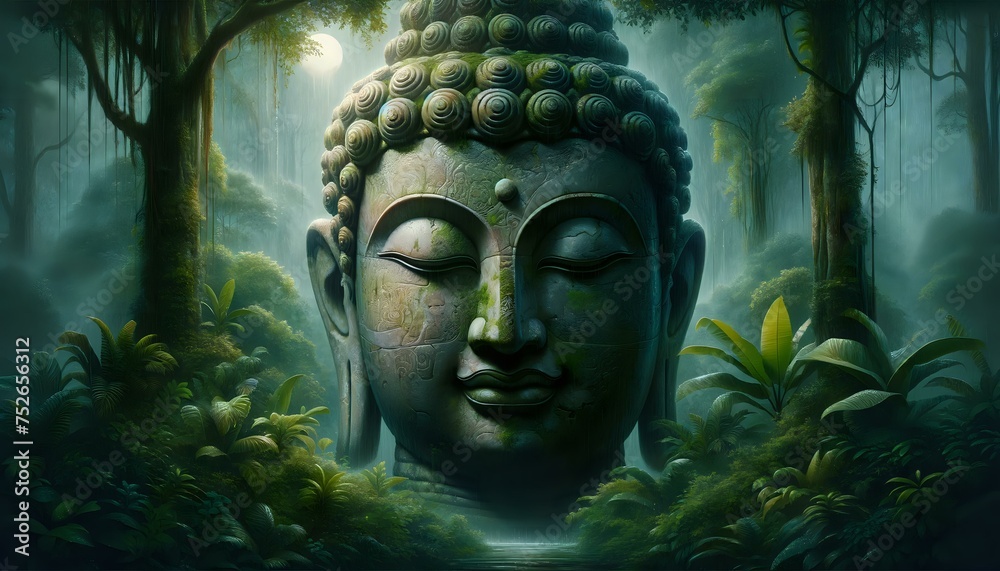 Obraz premium Ancient stone Buddha, monk with secret patterns on the stone skin a tranquil and contemplative atmosphere