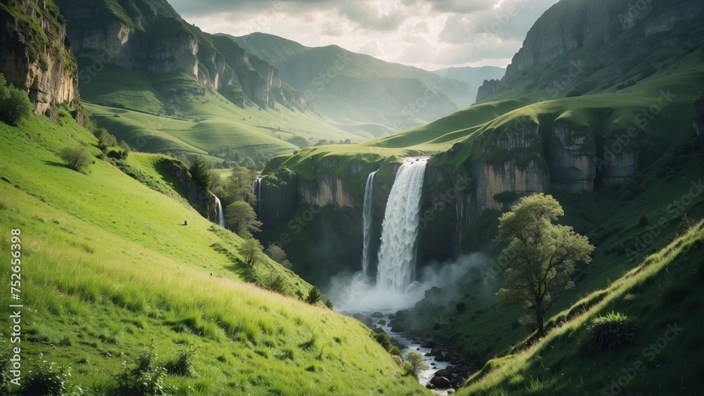 Picturesque valley with a cascading waterfall, surrounded by lush greenery and a meadow