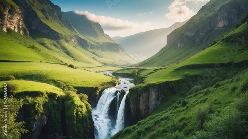 Picturesque valley with a cascading waterfall, surrounded by lush greenery and a meadow © Damian Sobczyk