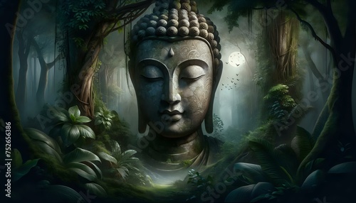 Ancient stone Buddha, monk with secret patterns on the stone skin a tranquil and contemplative atmosphere