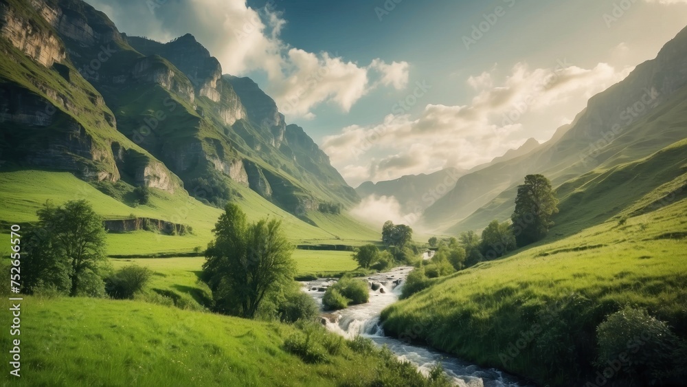 Picturesque valley with a cascading waterfall, surrounded by lush greenery and a meadow