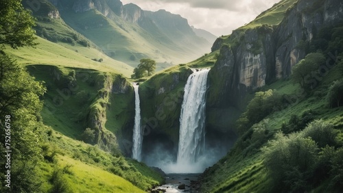 Picturesque valley with a cascading waterfall  surrounded by lush greenery and a meadow