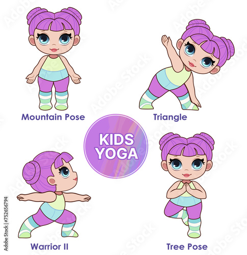 Set of kids' yoga poses. Cartoon characters for girls. Babydoll character. Vector illustration. 