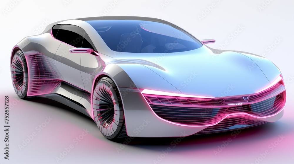 Futuristic electric car with holographic wireframe technology in white color on background