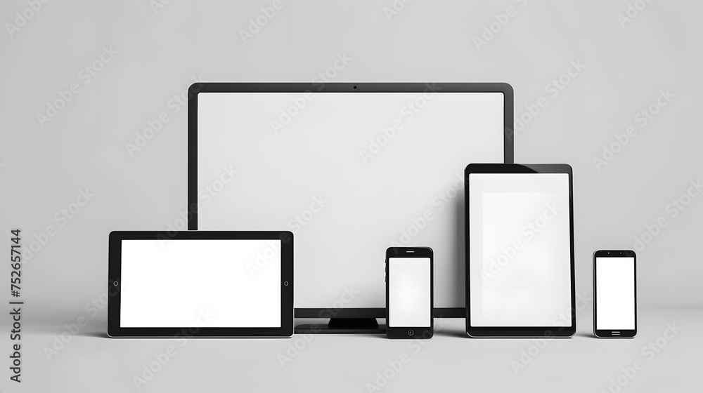 Responsive web site mockup. Computer display, laptop, tablet and smart phone on desk with isolated, blank, white screen for design presentation. Responsive web site mockup. Computer display, laptop, tablet and smart phone on desk with isolated, blank, white screen for design presentation.