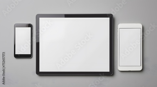 Responsive web site mockup. Computer display, laptop, tablet and smart phone on desk with isolated, blank, white screen for design presentation.