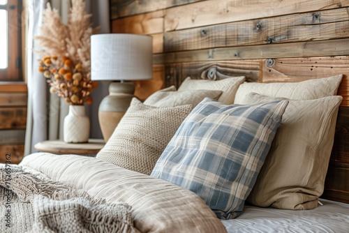 Cozy cabin bedroom interior with a homely feel, plaid and knitted pillows, rustic wooden backdrop, concept of home decor, interior design, and comfortable living