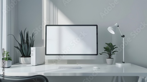 Responsive web site mockup. Computer display, laptop, tablet and smart phone on desk with isolated, blank, white screen for design presentation. © irawan