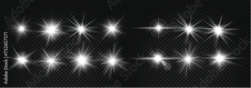 Glowing light bursts with sparkles. Glow light effect set, lens flare, explosion, glitter, line, sun flash, spark and star. Abstract image of lighting flare and white stars. Vector illustration.