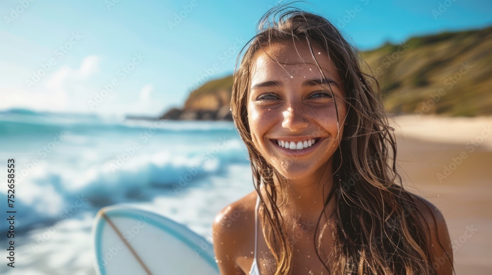 Happy, curvy woman enjoying a summer surfing adventure at the beach - obrazy, fototapety, plakaty 