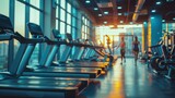 close up,blurred people in gym, treadmills in a fitness club, other exercise equipment in the background, near panoramic windows overlooking the city