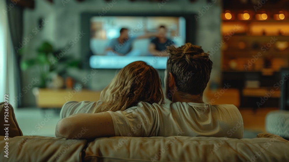 Obraz premium back view,Couple man and woman lying on sofa resting together in front of tv
