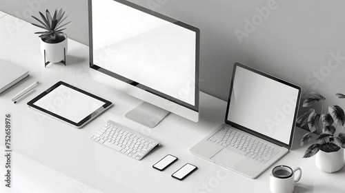 Responsive web site mockup. Computer display, laptop, tablet and smart phone on desk with isolated, blank, white screen for design presentation.