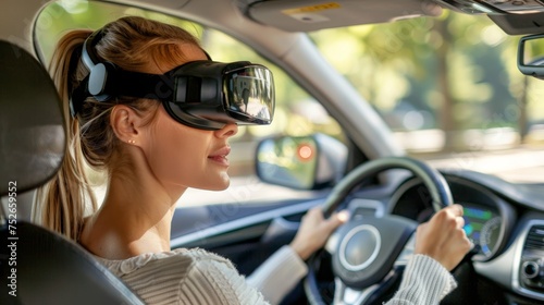 Young woman in driving school takes vr exam, controls virtual car with steering wheel in class