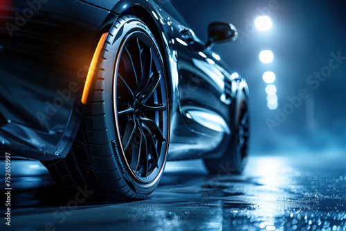 Luxury sports car parked on a wet street at night, showcasing modern design and automotive elegance, concept of speed and lifestyle