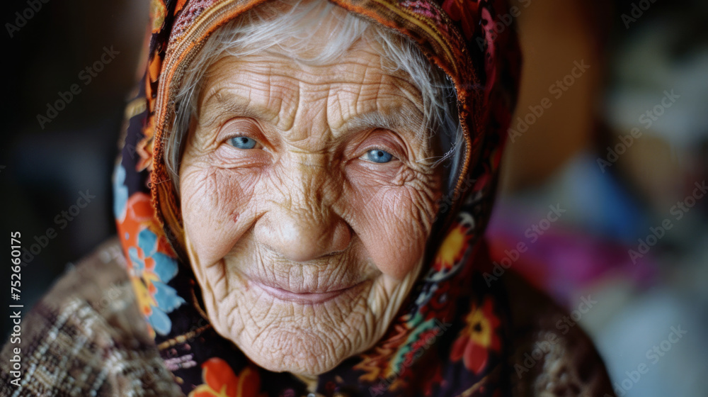 Portrait of an old woman with blue eyes and covered grey hair smiling at the camera