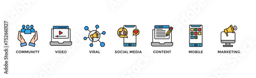 SMM banner web icon vector illustration concept of social media marketing with icon of community, video, viral, social media, content, mobile and marketing	