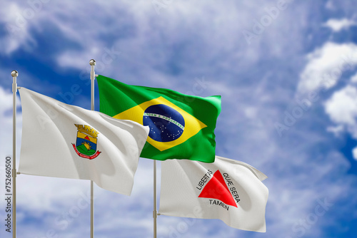 Official flags of the country Brazil, state of Minas Gerais and city of Belo Horizonte. Swaying in the wind under the blue sky. 3d rendering
