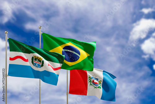 Official flags of the country Brazil, state of Alagoas and city of Maceio. Swaying in the wind under the blue sky. 3d rendering