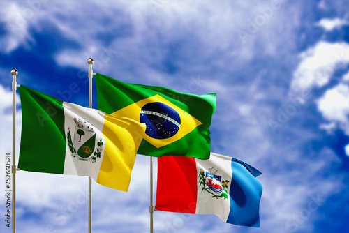 Official flags of the country Brazil, state of Alagoas and city of Arapiraca. Swaying in the wind under the blue sky. 3d rendering
