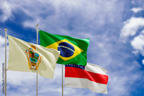 Official flags of the country Brazil, state of Amazonas and city of Manaus. Swaying in the wind under the blue sky. 3d rendering