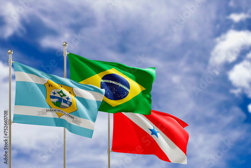 Official flags of the country Brazil, state of Para and city of Ananindeua. Swaying in the wind under the blue sky. 3d rendering photo