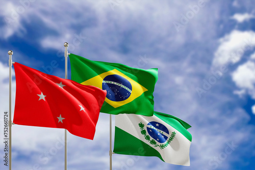 Official flags of the country Brazil, state of Parana and city of Londrina. Swaying in the wind under the blue sky. 3d rendering