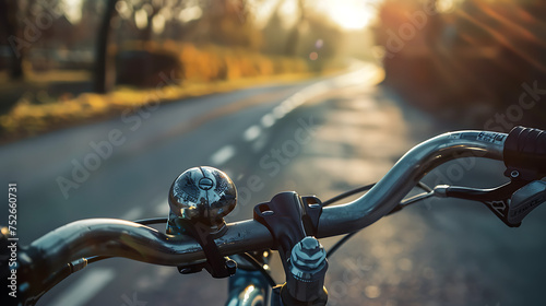 Detalhes de uma campainha de bicicleta closeup com lente 50mm em um fundo desfocado de guidão e estrada photo