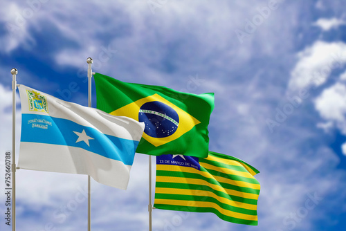 Official flags of the country Brazil, state of Piaui and city of Parnaiba. Swaying in the wind under the blue sky. 3d rendering