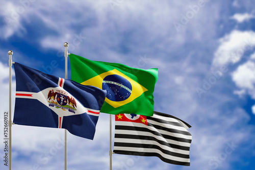 Official flags of the country Brazil, state of Sao Paulo and city of Guarulhos. Swaying in the wind under the blue sky. 3d rendering