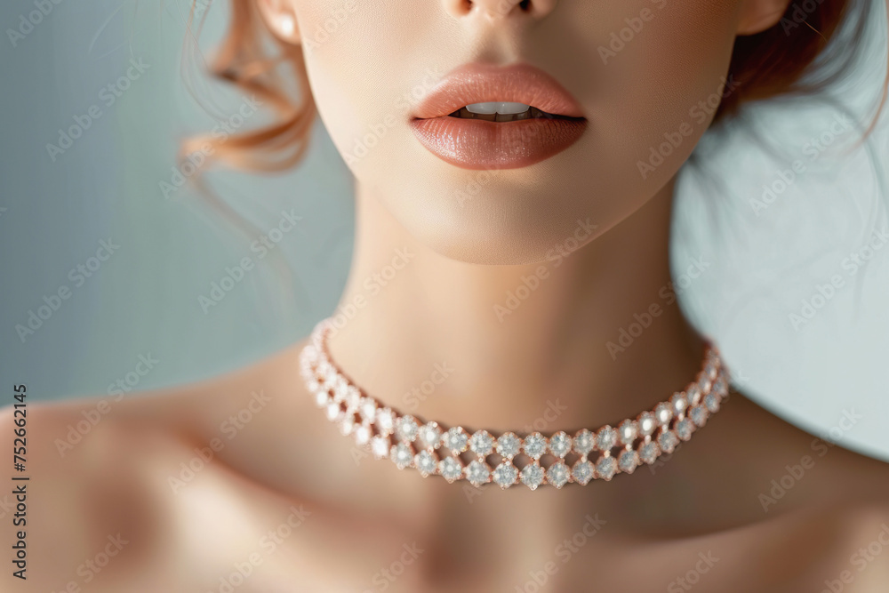 Delicate Diamond choker on Young Woman, close up Delicate Diamond choker on Young Woman, close up