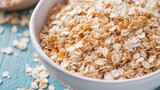 Crunchy whole grain cereal flakes in a white bowl