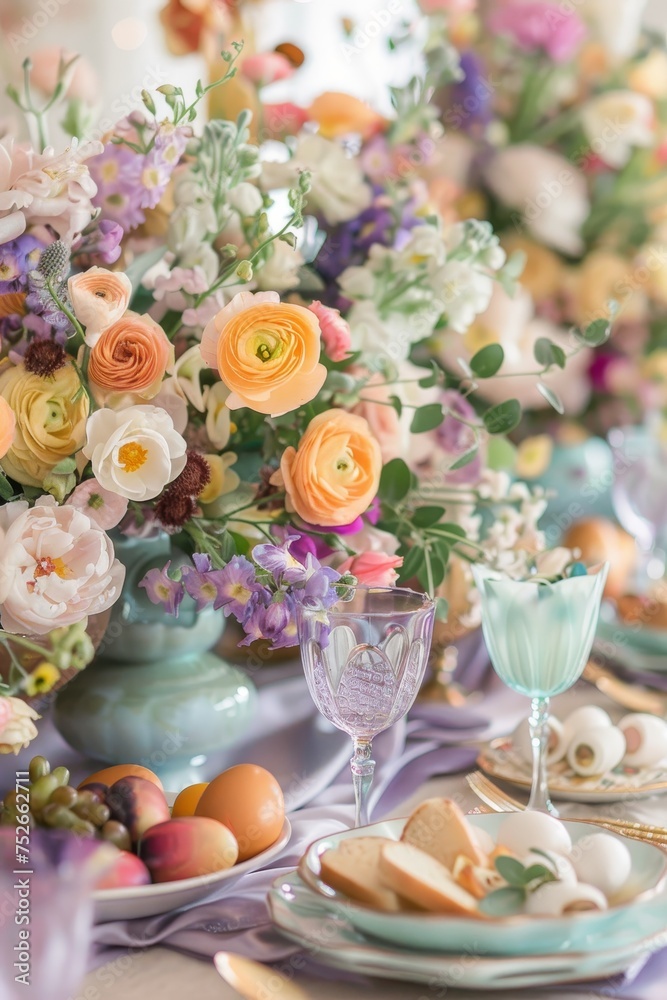 Fototapeta premium A Lavish Easter Brunch Table Adorned with Vibrant Spring Flowers, Pastel Tableware, and an Array of Seasonal Delicacies