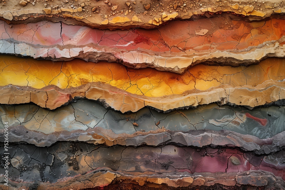 Stratified geological clay layers with vivid orange, yellow, grey, and red colors indicating natural sedimentation processes, concept of geology and earth's history